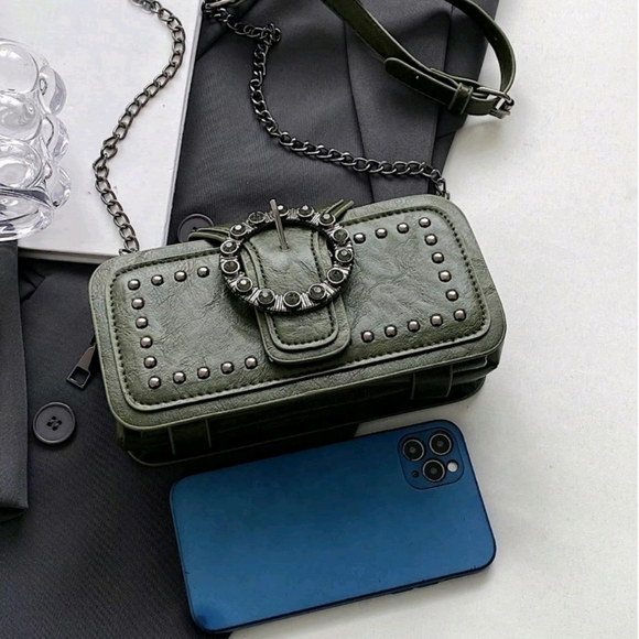 Olive Green Crossbody Bag with Silver Studs and Adjustable Strap - Picture 4 of 5